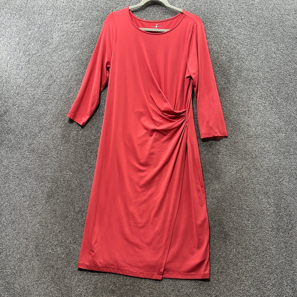 Talbots Faux Wrap Midi Dress Womens Large Coral Pink Ruched 3/4 Sleeve Stretchy